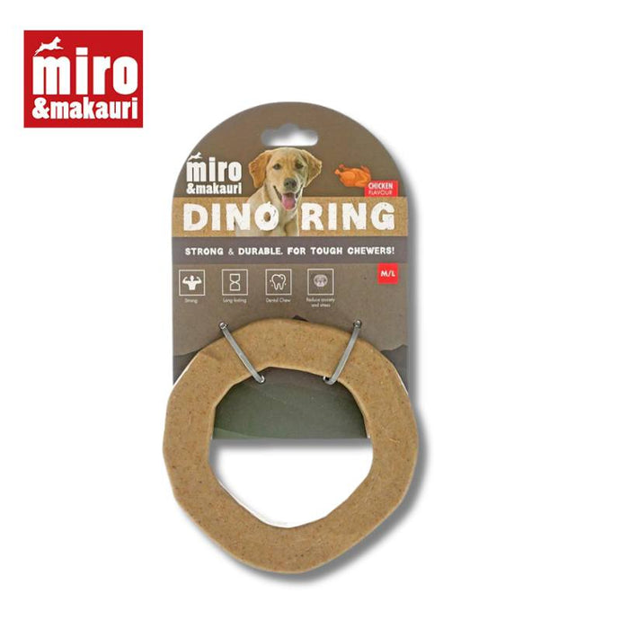 dino ring dog toy with miro & makauri logo