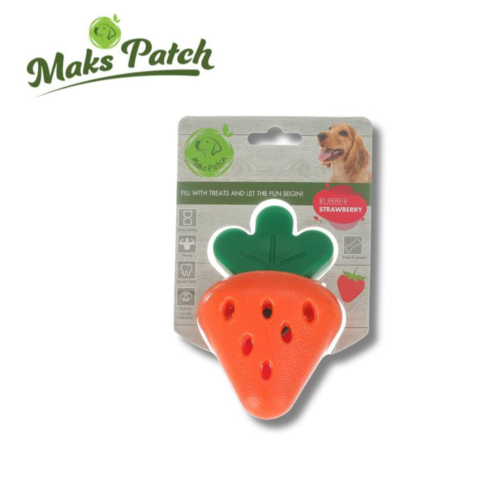 rubber strawberry dog toy with maks patch logo