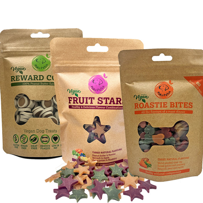 Packet each of: MaksPatch fruit star training treats. MaksPatch Roasties  training treats. MaksPatch reward coins training treats.