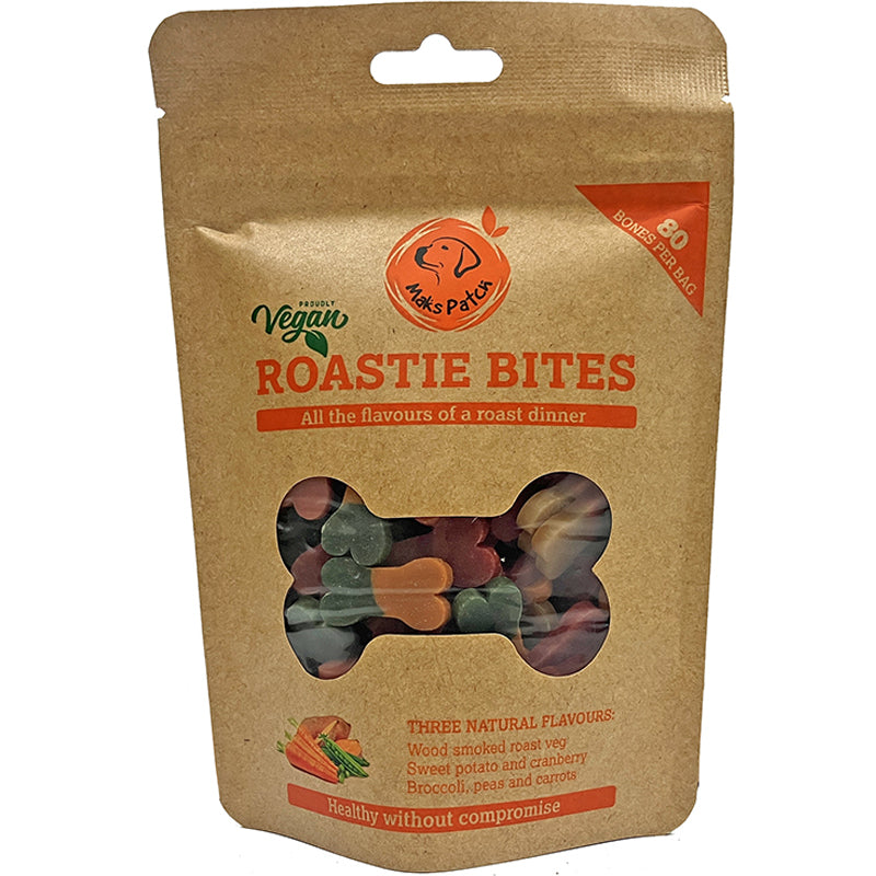 Plant based, Vegan Dog Treats. Maks Patch Roastie Bites. 80 bone shaped dog snacks for training and reward.